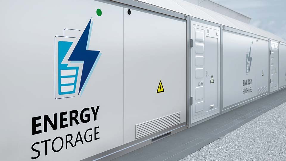Containerized energy storage unit with lightning bolt and battery icons, white exterior, and warning signs on a gravel surface.