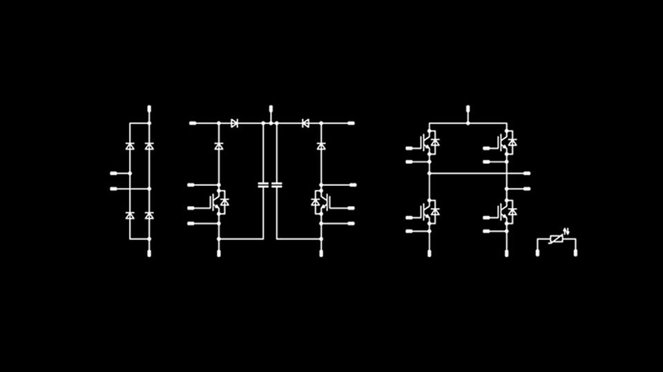 Schematic of a PFC (single-phase applications + H-bridge) topology on a black background.
