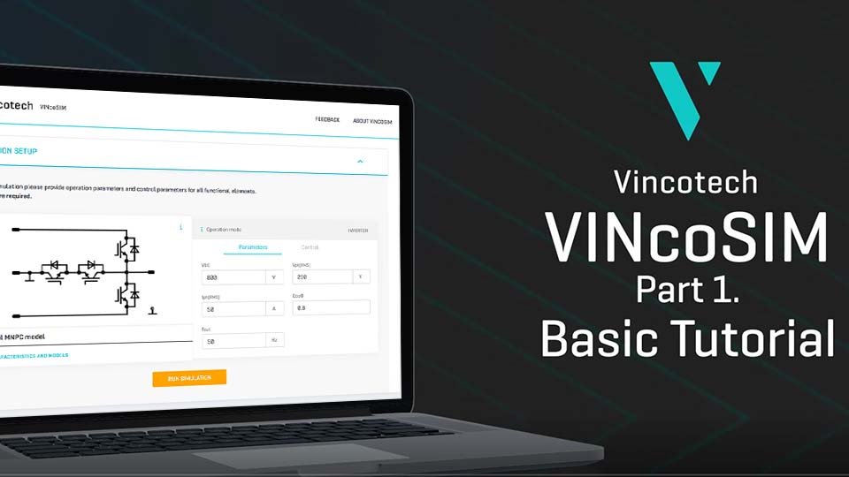 Laptop displaying a circuit simulation screen, titled "Vincotech VINcoSIM Part 1. Basic Tutorial" on a dark background.