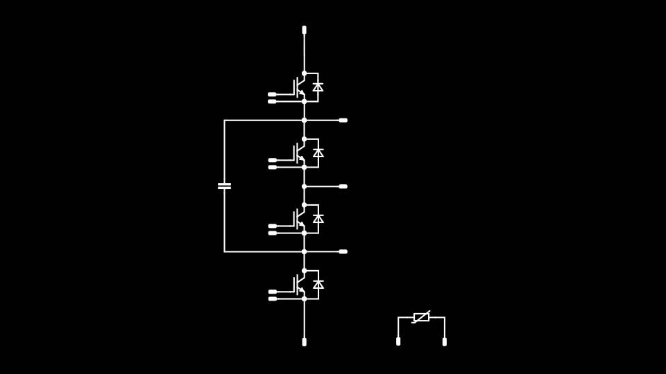 Schematic of a three-level FC inverter topology on black background.
