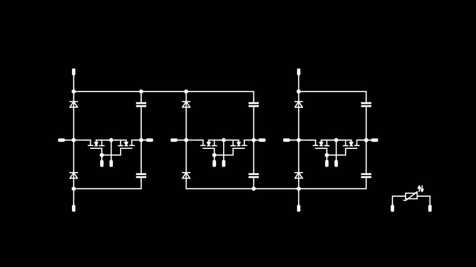 Schematic of a PFC (three-level phase application) topology on a black background.