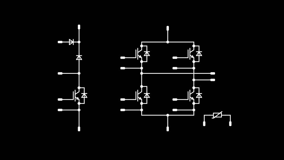 Schematic of a single-phase inverter topology on a black background.