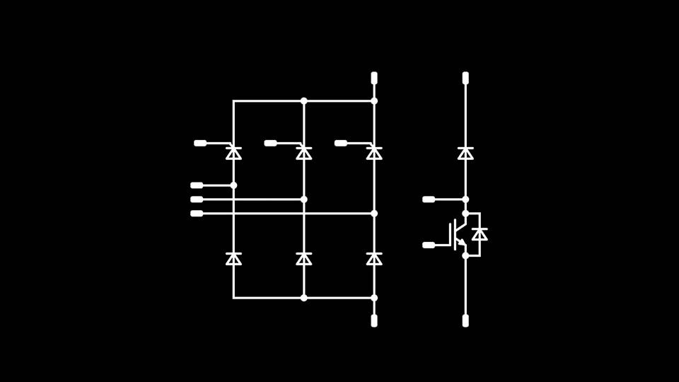 Schematic of a rectifier (+brake) topology on a black background.