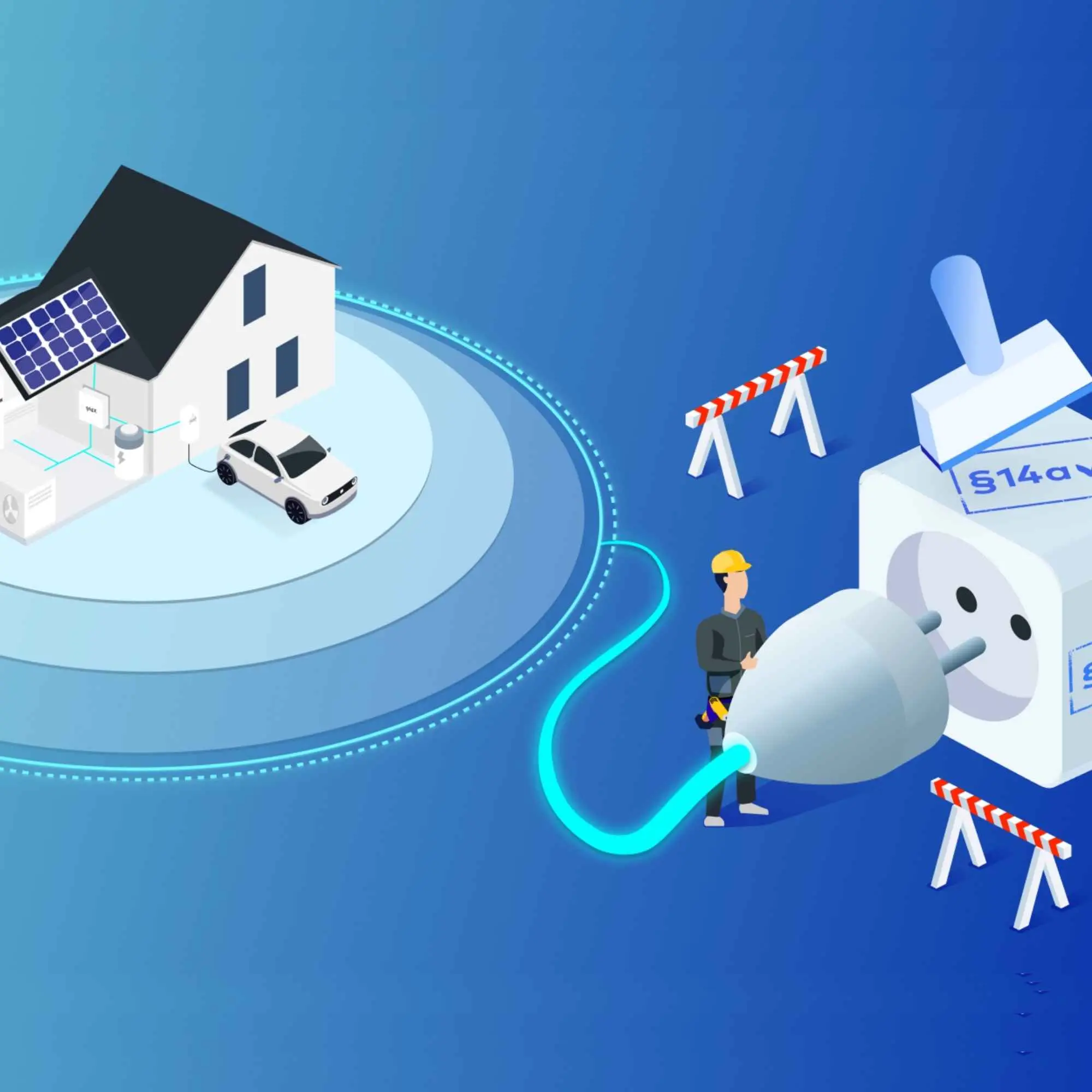 Illustration of a house with solar panels connected to a large plug, indicating energy transfer. A worker manages the setup.