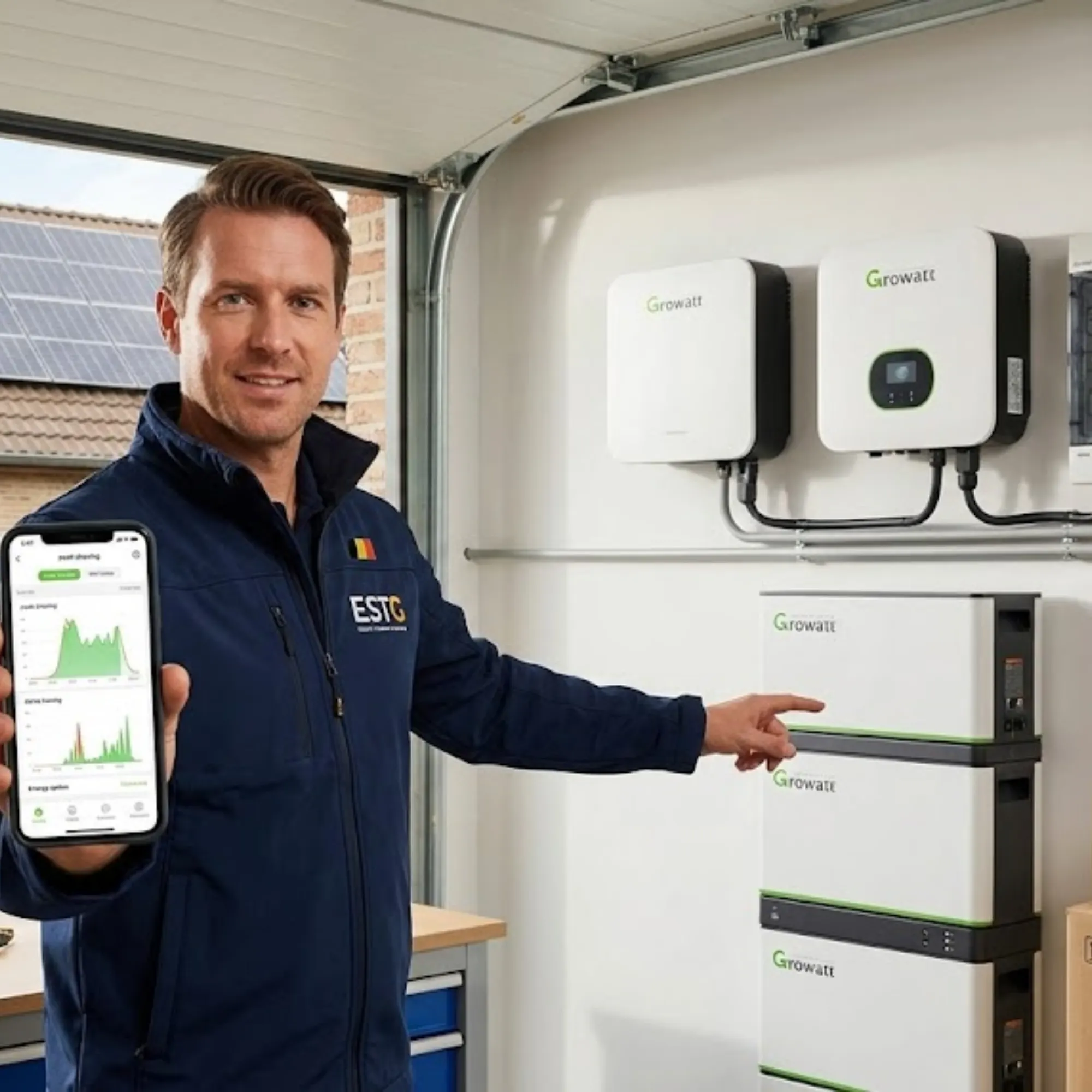 The Belgian Double Play A man in a blue jacket shows a smartphone with green graphs. He's pointing at a Growatt solar energy system installed on a wall.