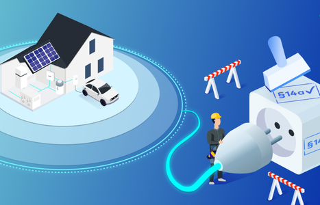Illustration of a house with solar panels, an electric car, and a worker connecting a giant plug to an energy meter on a blue background.
