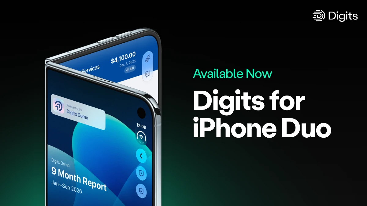 Digits app running on a folding ‘Duo’ phone, with the screen showing a ‘9 Month Report, Jan–Sep 2026’ cover prepared by Digits Demo and a bill transaction peeking on the folded top panel.