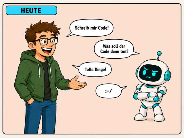 Comic welches scherzhaft die Anforderung eines Softwareentwicklers an KI beschreibt