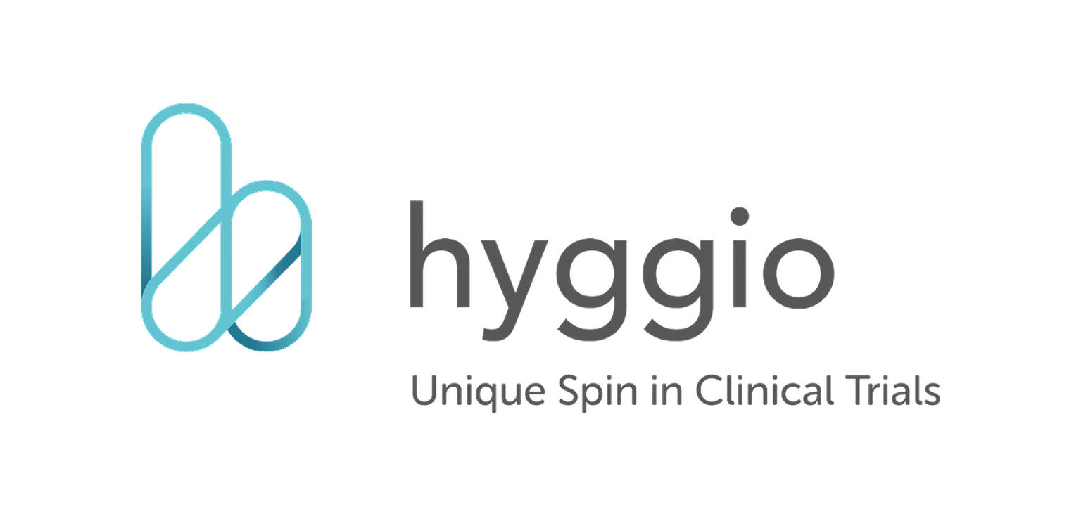 Logo of Hyggio with an abstract turquoise design and the tagline "Unique Spin in Clinical Trials" on a white background.