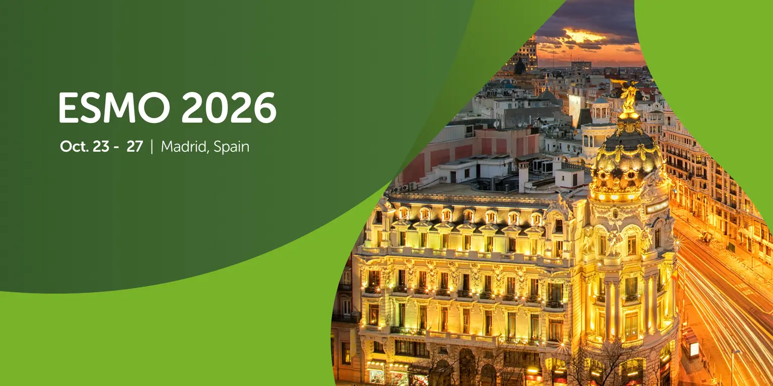 Green graphic promoting ESMO 2026 in Madrid, Spain, with dates October 23-27, and an image of a beautifully lit city building at sunset.