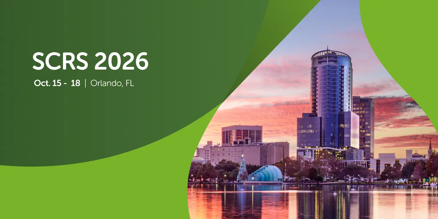 Green background with event details "SCRS 2026, Oct. 15-18, Orlando, FL" and a cityscape featuring a tall building at sunset.