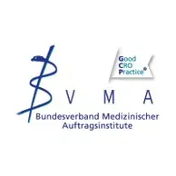 Logo of Bundesverband Medizinischer Auftragsinstitute with a blue rod of Asclepius and "Good CRO Practice" emblem.