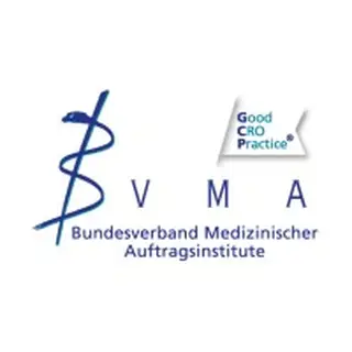 Logo of Bundesverband Medizinischer Auftragsinstitute with a blue rod of Asclepius and "Good CRO Practice" emblem.