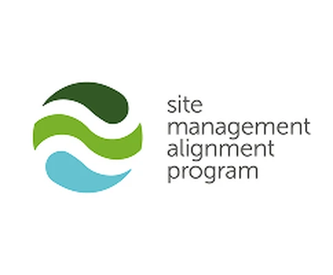 Logo with green and blue wavy circles next to the text "site management alignment program"