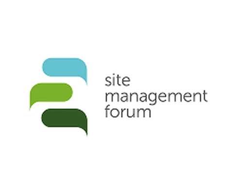 Logo with overlapping teal, green, and dark green shapes next to the text "site management forum".