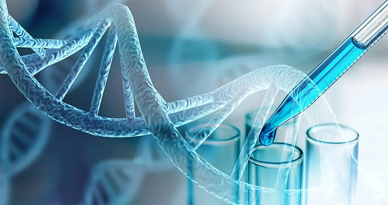 DNA double helix is overlaid on a laboratory setting featuring test tubes and a pipette dripping blue liquid - A conceptual scientific illustration representing the panorama of clinical research for Lupus