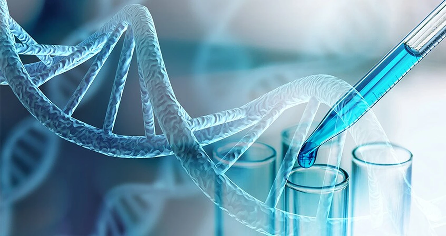 DNA double helix is overlaid on a laboratory setting featuring test tubes and a pipette dripping blue liquid - A conceptual scientific illustration representing the panorama of clinical research for Lupus