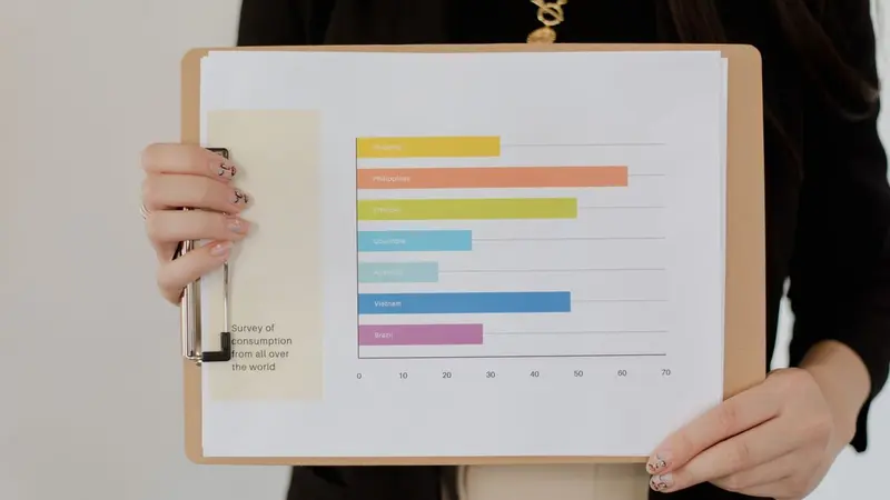 Woman holding a clipboard with a colorful bar chart