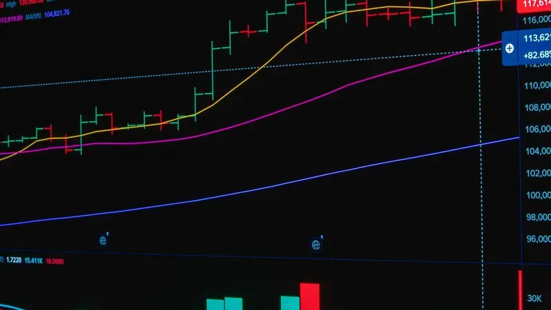 Green and red trend lines on a dark performance chart