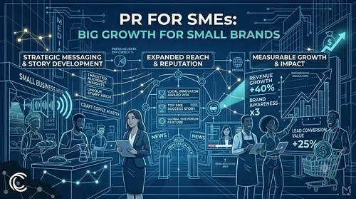 A technical corporate blog cover infographic for Clout Media Agency titled "PR FOR SMEs: BIG GROWTH FOR SMALL BRANDS." Against a deep navy blue grid background with cyan circuit patterns, it features three technical blueprints connected by data flows: 1. 'STRATEGIC MESSAGING SCHEMATIC' (with character line art and pie charts for targeted insights); 2. 'MEDIA REPUTATION BLUEPRINT' (with linked nodes for Local Awards and Global SME Forums); and 3. 'MEASURABLE IMPACT ENGINEERING' (with precise engineering charts showing 'REVENUE GROWTH +40%' and 'LEAD CONVERSION VALUE +25%'). Blueprint line art of the small business owners and the PR strategist from Clout Media Agency are integrated throughout, showing the successful growth journey. Network lines with arrows indicate system flow. The monochromatic Clout Media 'C' logo with nodes is in the bottom-left corner against the dark technical diagram. All text is legible against the dark background.