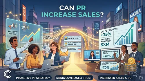 A professional illustrative blog cover graphic for Clout Media Agency. The composition is a single continuous flow from proactive strategy to results. On the left, PR experts are developing stories and distributing pitches at a command desk (labeled 'PROACTIVE PR STRATEGY'), generating glowing data streams. These streams bridge a central archway (labeled 'MEDIA COVERAGE & TRUST') filled with positive fictional news headlines and television broadcasts with small media logos (like 'TOP PUBLICATION FEATURE'). The data flows then transition into the right side (labeled 'INCREASED SALES & ROI'), where diverse professionals are happily celebrating. This side features specific metrics like 'SALES GROWTH +35%', 'REVENUE ACHIEVED $XM', and a large shopping cart icon with a dollar sign. The main title across the top reads: 'CAN PR INCREASE SALES?'. The style is a clean, dynamic vector illustration with connecting data streams, set in a modern city at twilight. The monochromatic Clout Media Agency 'C' logo is in the bottom-left corner against a dark desk surface.