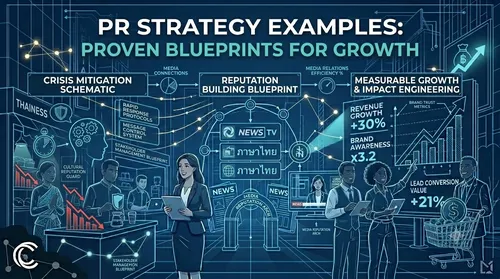 An intricate corporate infographic blueprint for Clout Media Agency titled "PR STRATEGY EXAMPLES: PROVEN BLUEPRINTS FOR GROWTH." Against a deep navy blue grid background with complex cyan circuit patterns, it features three technical blueprints connected by data flows: 1. 'CRISIS MITIGATION SCHEMATIC' (with schematics of diverse professionals and technical flowcharts for Rapid Response and Message Control); 2. 'REPUTATION BUILDING BLUEPRINT' (with linked nodes for 'Share of Voice Metrics' and a technical network to a stylized 'Global & Local News' hub); and 3. 'MEASURABLE IMPACT ENGINEERING' (with precise engineering charts showing 'REVENUE GROWTH +30%' and 'LEAD CONVERSION VALUE +21%'). Blueprint line art of the diverse professionals and the PR strategist from Clout Media Agency are integrated throughout, demonstrating a data-driven growth journey. Network lines with arrows indicate system flow. The monochromatic Clout Media 'C' logo with nodes is in the bottom-left corner against the dark technical diagram. All text is sharp and legible.
