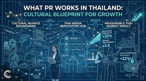 A technical corporate blog cover infographic for Clout Media Agency titled "WHAT PR WORKS IN THAILAND: CULTURAL BLUEPRINT FOR GROWTH." Against a deep navy blue grid background with complex cyan circuit patterns, it features three technical blueprints connected by data flows: 1. 'CULTURAL NUANCE ENGINEERING' (with Thai professional line art and icons for the Wai, Thainess, Respect Protocols, and Community Engagement); 2. 'THAI MEDIA REPUTATION HUB' (with generalized logos for Thai News TV and digital media, featuring stylized Thai script ภาษาไทย, and a Media Reputation Arch); and 3. 'MEASURABLE THAI MARKET IMPACT' (with precise engineering charts showing 'REVENUE GROWTH (BAHT) +35%', 'BRAND AWARENESS x2.8', and 'LEAD CONVERSION VALUE (BAHT) +22%', all using the ฿ symbol). Blueprint line art of Thai business owners and the PR strategist from Clout Media Agency are integrated throughout, showing the successful growth journey. Network lines with arrows indicate system flow. The monochromatic Clout Media 'C' logo with nodes is in the bottom-left corner against the dark technical diagram. All text is sharp and legible.