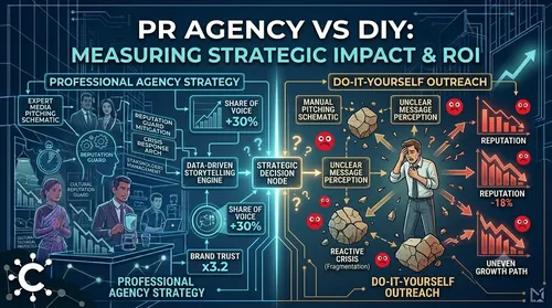 A vertically split technical infographic blueprint for Clout Media Agency titled "PR AGENCY VS DIY: MEASURING STRATEGIC IMPACT & ROI." Against a deep navy blue background with circuit patterns, a central line divides the two approaches. The left side, 'PROFESSIONAL AGENCY STRATEGY' (cyan), features blueprint line art of a structured command center, experts collaborating, a 'DATA-DRIVEN STORYTELLING ENGINE', and positive metrics like 'SHARE OF VOICE +30%' and 'BRAND TRUST x3.2'. The right side, 'DO-IT-YOURSELF OUTREACH' (gold), depicts a stressed individual surrounded by fragmented rocks, question marks, red sad-face icons, and descending charts labeled 'REPUTATION -18%' and 'UNEVEN GROWTH PATH'. The monochromatic Clout Media Agency 'C' logo with nodes is positioned in the bottom-left corner. All text is sharp and legible.