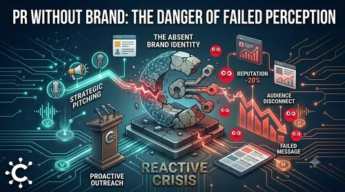 A professional infographic illustration titled "PR WITHOUT BRAND: THE DANGER OF FAILED PERCEPTION." The image is split, contrasting "PROACTIVE OUTREACH" on the left and "REACTIVE CRISIS" on the right. The proactive side shows positive elements like glowing nodes, a megaphone, a microphone, and text for "STRATEGIC PITCHING" with an icon of a person with an arrow. The reactive side depicts a crumbling, cracked version of the same person icon, descending red graphs with text "FAILED MESSAGE," "AUDIENCE DISCONNECT," "REPUTATION -20%," and multiple red sad-face icons. The entire graphic features a complex dark blue and gold circuit board pattern with a central glowing divide. The monochromatic Clout Media Agency 'C' logo with nodes is in the bottom-left corner.
