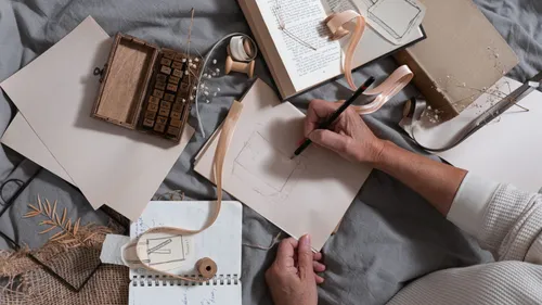 Designer's hands working on a brand mood board with sketches and material samples
