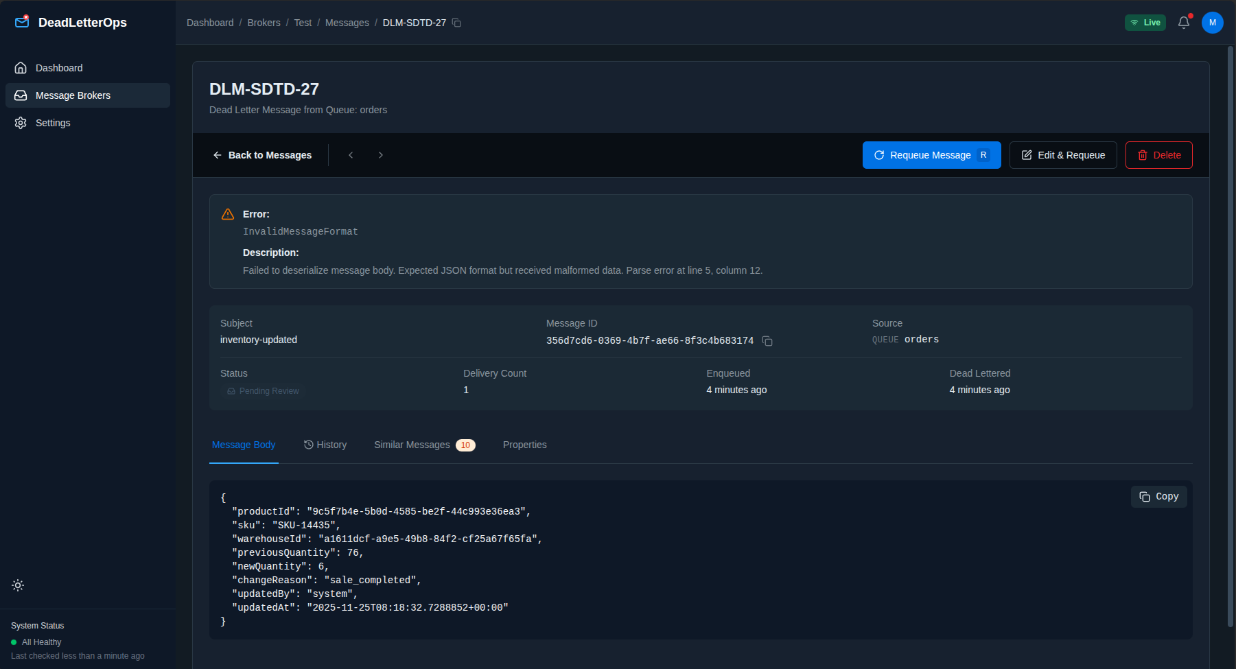 DeadLetterOps message detail view showing error analysis, message metadata, and AI-powered similar message detection