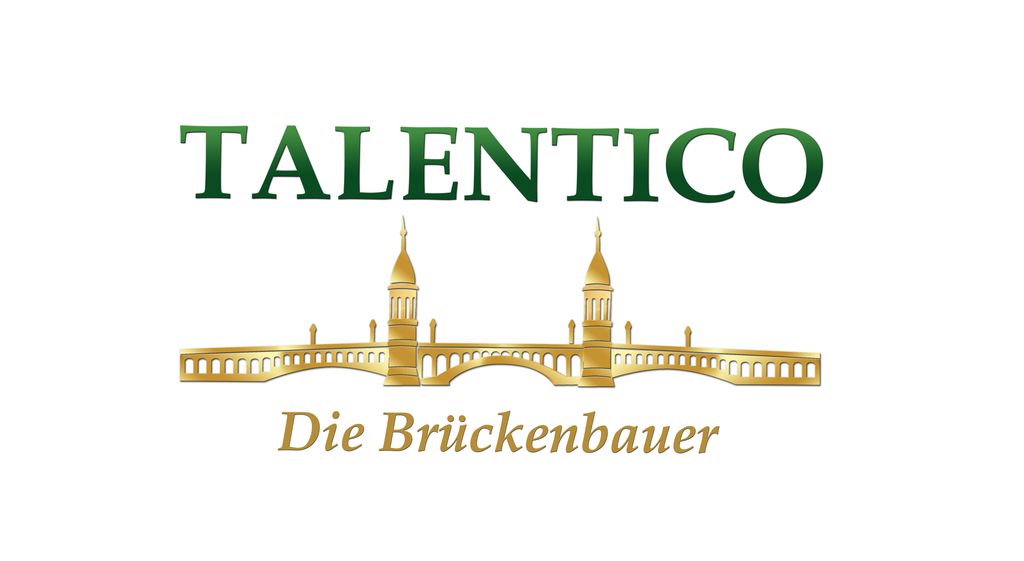 Logo mit dem Schriftzug „TALENTICO” über einem stilisierten goldenen Brückendesign und darunter „Die Brückenbauer”.
