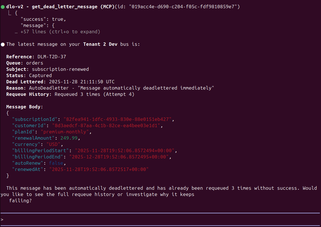 Claude Code terminal interface showing MCP integration with DeadLetterOps, demonstrating natural language query to fetch and analyze dead letter messages