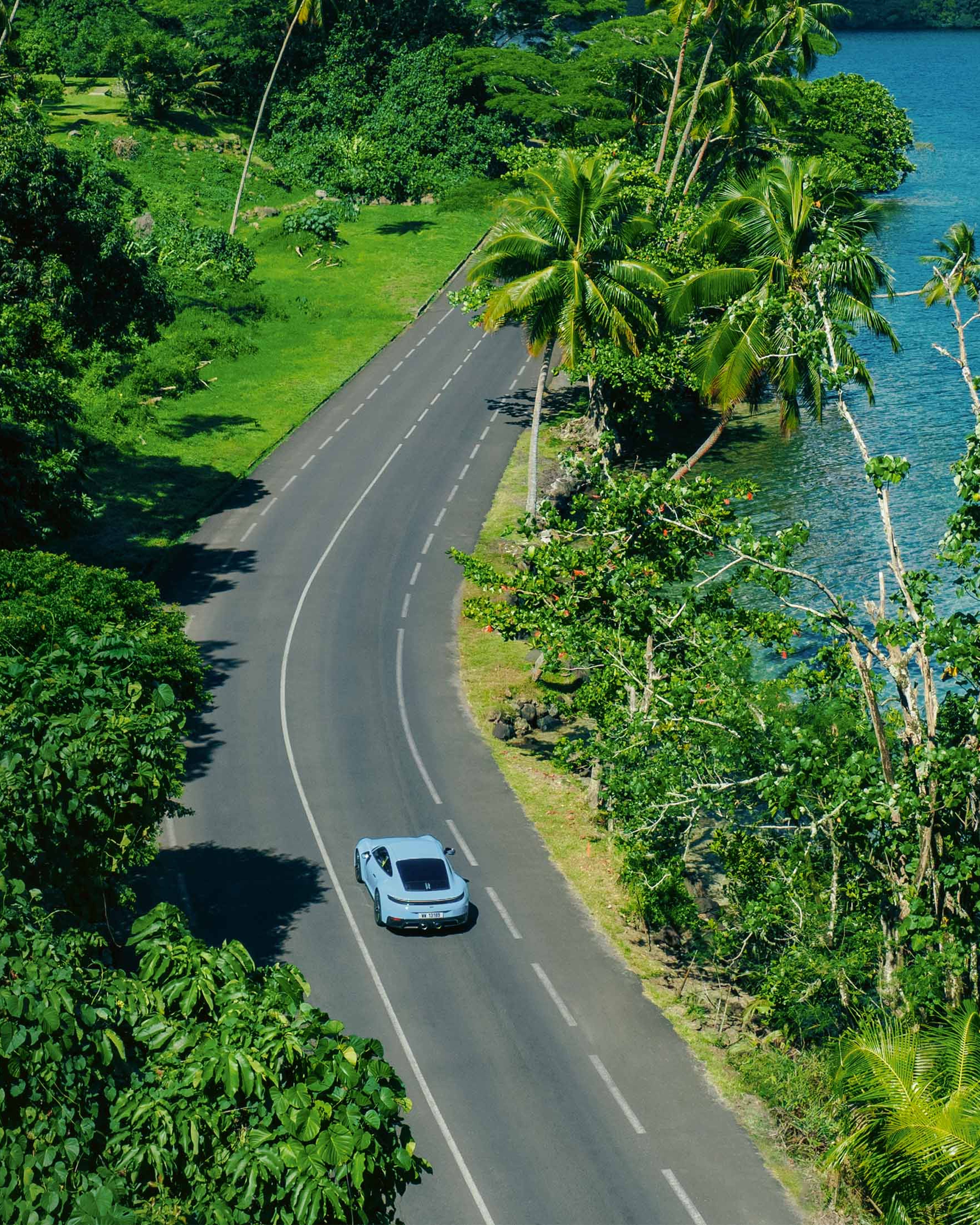 A Porsche 911driving on a winding coastal road between dense tropical vegetation, palm trees and turquoise sea.