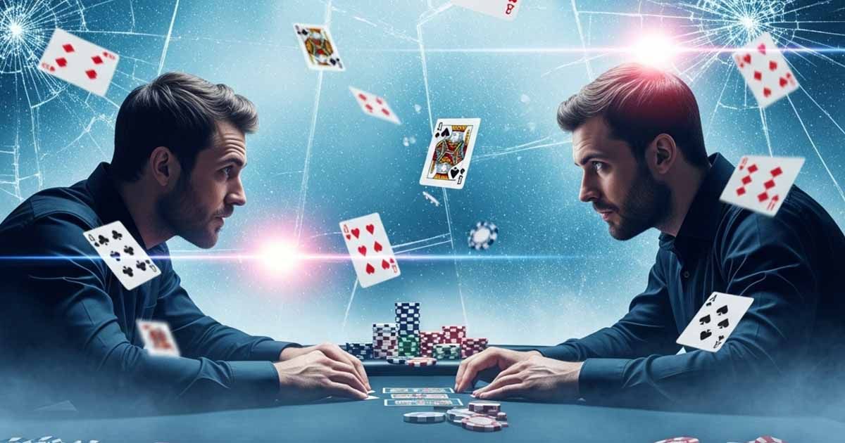 Two men face each other at a poker table, surrounded by floating playing cards and poker chips against a dynamic, glowing background.