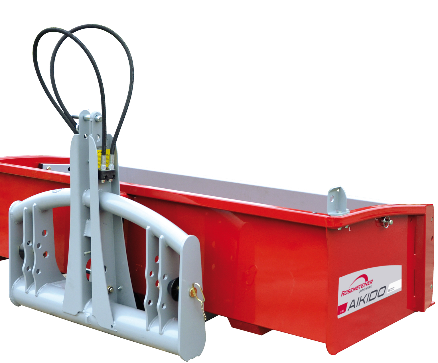 Red and gray agricultural attachment with hydraulic components, labeled "AIKIDO." It has a robust metal frame and hoses.