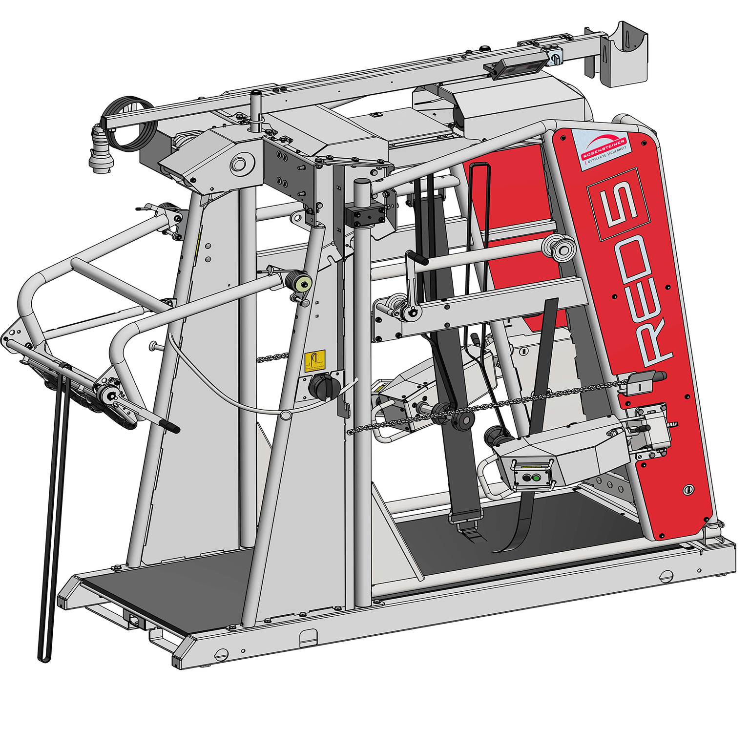 A red and gray livestock handling chute with various metal bars and mechanisms, designed for safe management and care of animals.