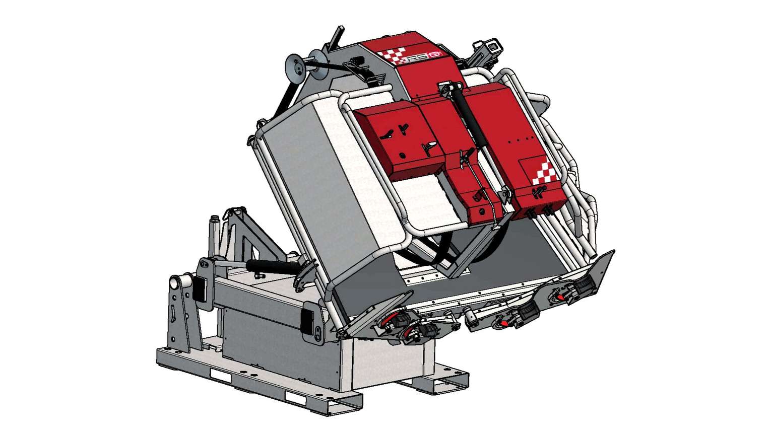 Illustration of a red and gray industrial machine with angular components, designed for material handling or processing, on a white background.