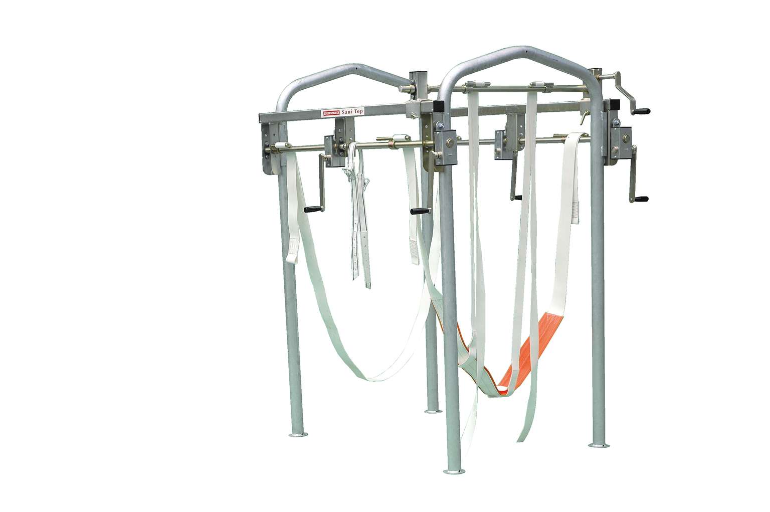 Metal livestock handling equipment with adjustable straps, designed to restrain animals for veterinary purposes, on a white background.
