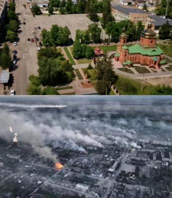 Føre og efter krigen af byen Vovchansk i Ukraine