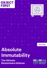 Purple white-paper cover: "Object First" header, safe vault icon, title "Absolute Immutability" and subtitle "The Ultimate Ransomware Defense."