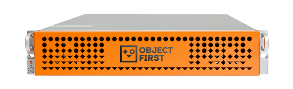 Front view of the Object First Ootbi backup storage appliance with an orange perforated bezel and branding panel.