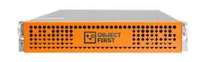 Front view of the Object First Ootbi backup storage appliance with an orange perforated bezel and branding panel.