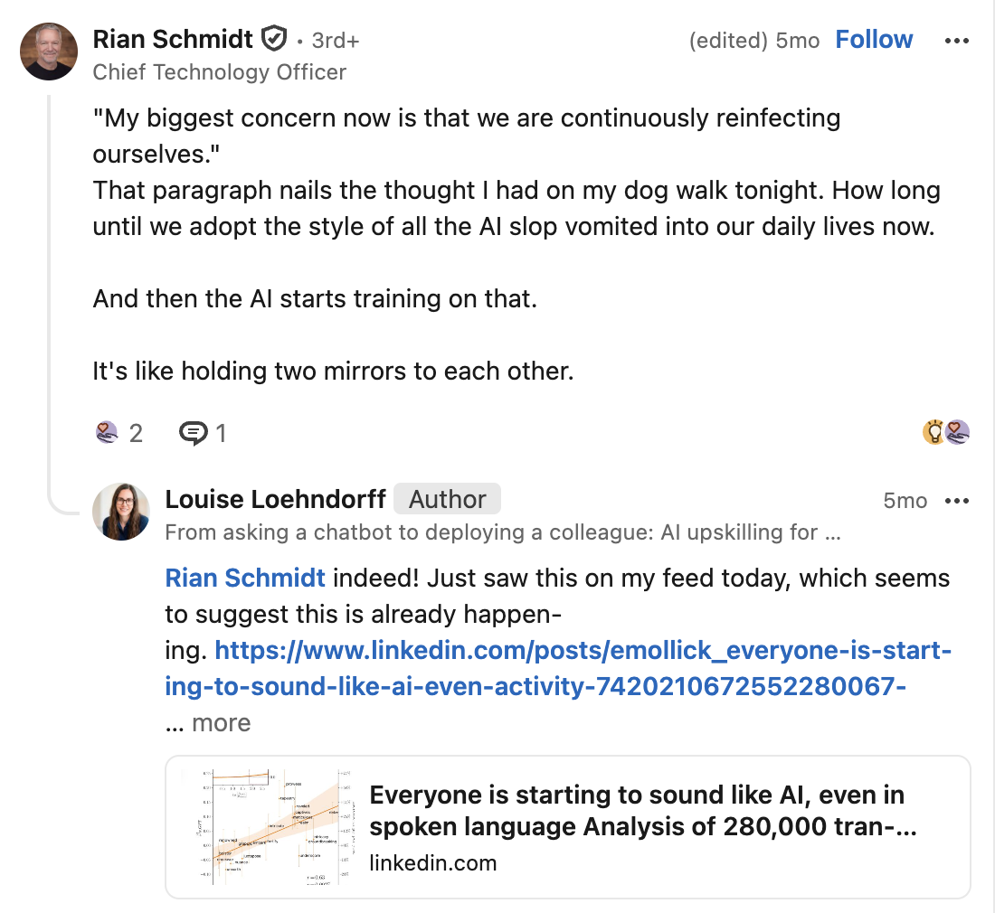 Rian Schmidt's LinkedIn comment: quotes "we are continuously reinfecting ourselves" and adds "It's like holding two mirrors to each other."