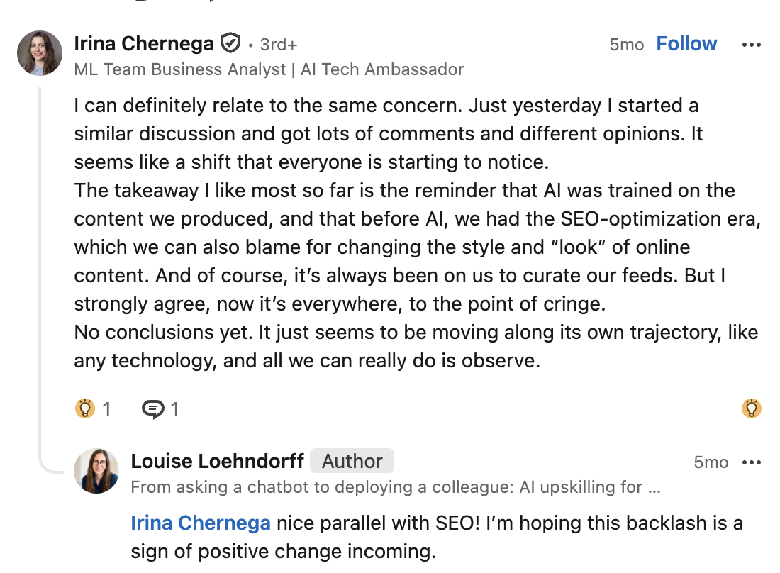 Irina Chernega's LinkedIn comment: draws a parallel to the SEO-optimization era reshaping online style, and agrees it's "now everywhere, to the point of cringe."