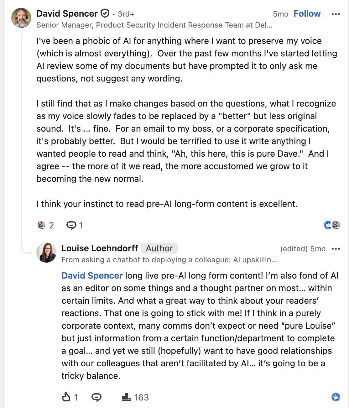 David Spencer's LinkedIn comment: he avoided AI to protect his voice, now lets it only ask him questions rather than suggest wording, and says "I think your instinct to read pre-AI long-form content is excellent."