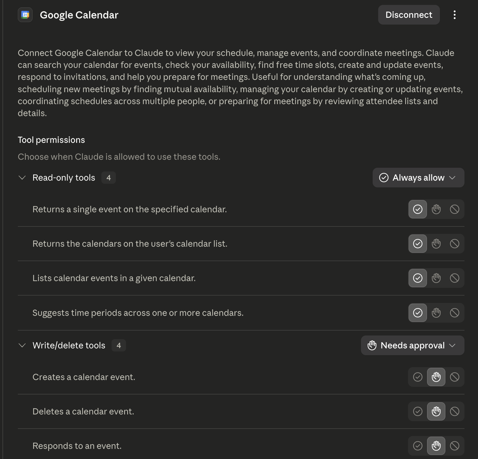 Screenshot of Claude's routines permissions panel showing read, write, and delete permission options for a connected tool, with selectable settings of always allowed, never allowed, and ask first.