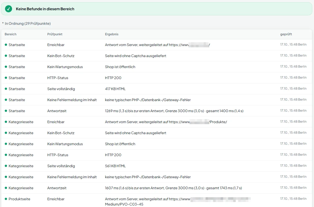 Shop-Monitoring: Erreichbarkeit von Startseite, Kategorie und Produktseite