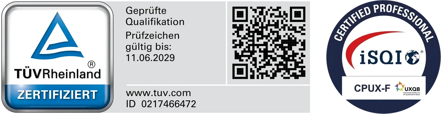 Zertifikate von Zoran Artmagic: TÜV Rheinland geprüfte Qualifikation Verkaufspsychologie (ID 0217466472) und iSQI/UXQB® Certified Professional for Usability and User Experience – Foundation Level (CPUX-F)