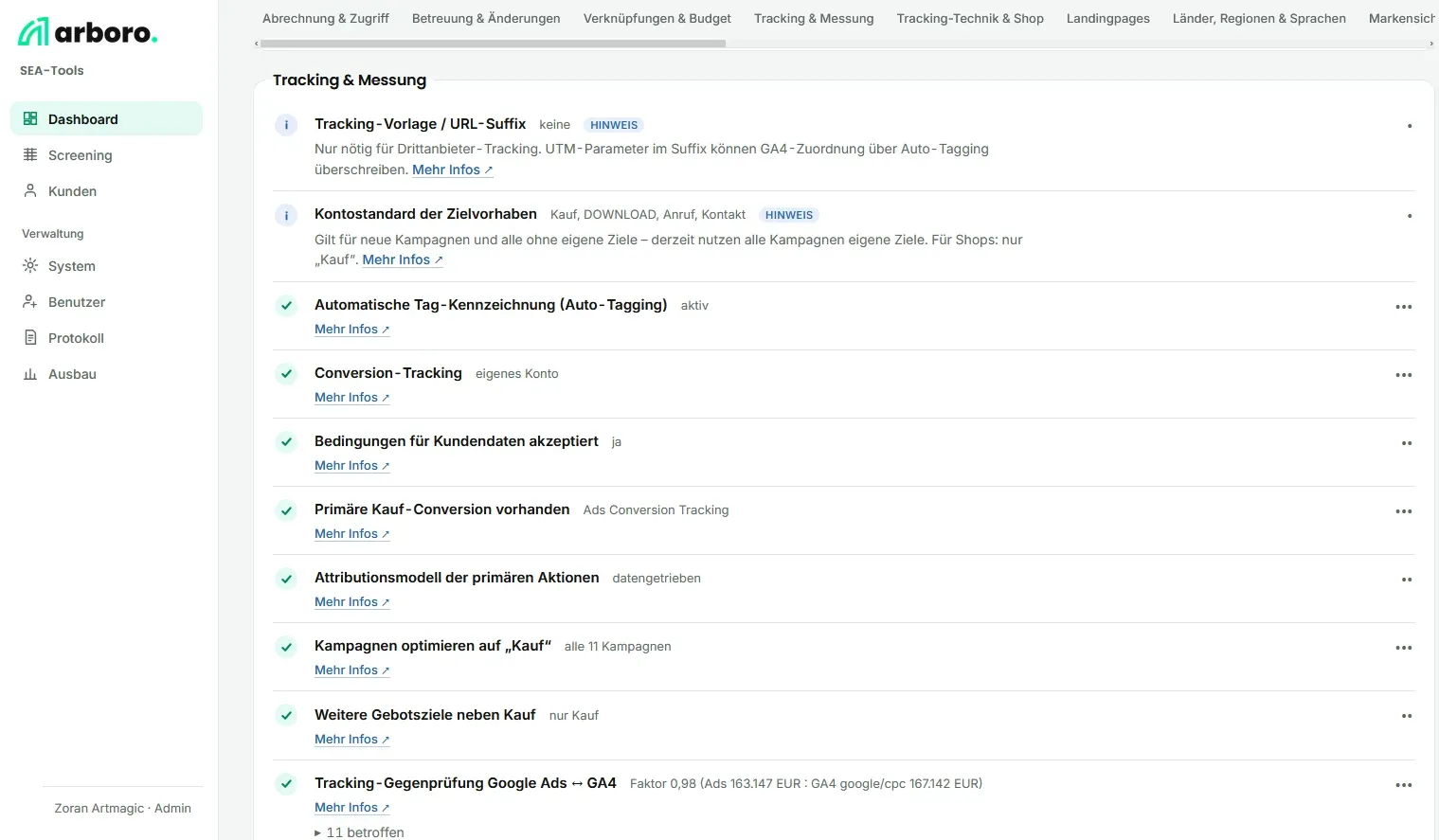arboro Diagnosesystem – Tracking & Messung: Conversions, Gebotsziele und Abgleich Google Ads mit GA4